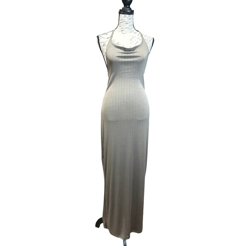 Taupe Ribbed Knit‎ Cowl Neck Open Back Halter Maxi Dress Small